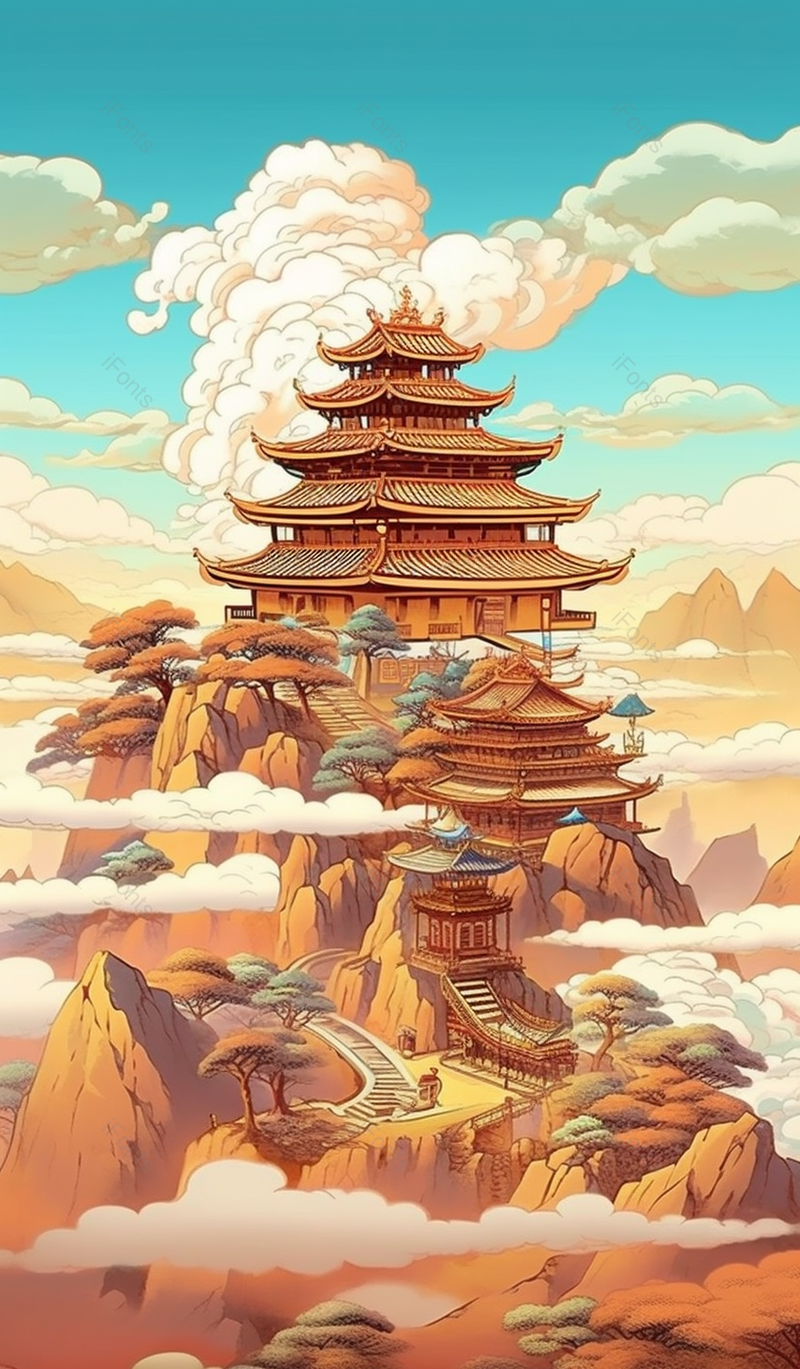 国风山上古建筑插画竖版,插画/手绘图,插画/手绘图库,插画/手绘图下载,插画/手绘